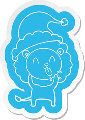 happy cartoon  sticker of a lion wearing santa hat