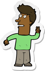 sticker of a cartoon man making peace sign