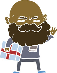 flat color style cartoon man with beard frowning with xmas gift