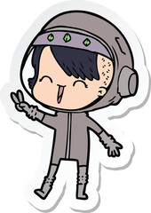 sticker of a happy cartoon space girl giving peace sign