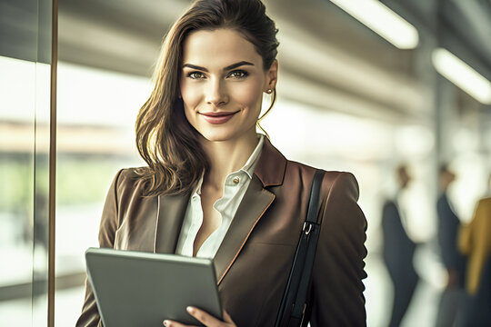 Beautiful smiling young student or business woman holding a tablet. Created with Generative AI technology.