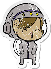 distressed sticker of a happy cartoon space girl
