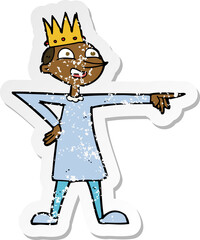 retro distressed sticker of a cartoon pointing prince