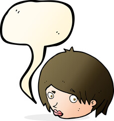 cartoon female face with raised eyebrow with speech bubble