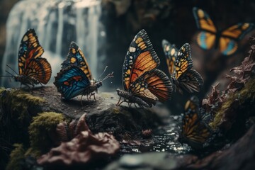Ultra-detailed fairy tale insects & butterflies compete in limbo by a waterfall in stunning Unreal Engine 5 - all captured with attention to detail , Generative ai - obrazy, fototapety, plakaty