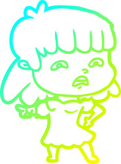 cold gradient line drawing cartoon worried woman