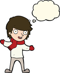 cartoon boy in winter clothes with thought bubble
