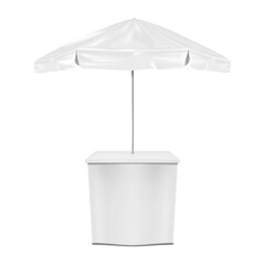 White promotional table counter with umbrella vector mockup. Blank parasol advertising stand realistic mock-up. Market stall. Template for design © ann_ounce