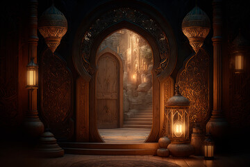 Abstract Islamic interior, lantern, gate, arches, door. Ramadan Lantern. Eid Mubarak Ramadan Kareem. Generative ai illustration for Greeting card, site, banner, invitation, postcard for muslim holiday