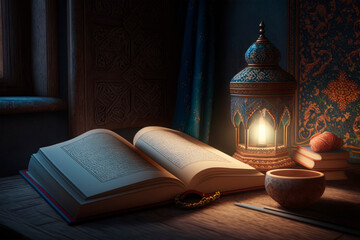 Open book Koran and Ramadan lantern. Reading Quran, prayer. Abstract Open book in islamic style, lantern on a dark background. Generative ai illustration. Eid Mubarak Ramadan Kareem wallpaper - obrazy, fototapety, plakaty