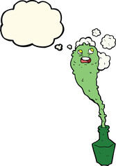 cartoon spooky ghost in bottle with thought bubble