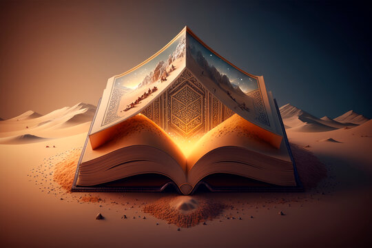 Open book. Book of fairy tales. Oriental fairy tales, stories, parables and legends of the East and desert. Sacred texts, Koran. Wisdom, knowledge. Reading and imagination. Generative ai illustration