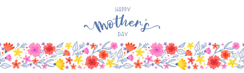 Lovely hand drawn floral wreath, doodle flowers and text "Happy Mother's Day" frame, great for Mother's Day Cards, banners, wallpapers