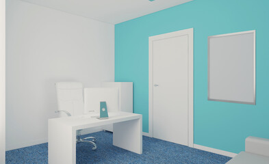 Strict and functional office with a desk. Mockup.   Empty paintings. 3D rendering.
