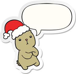 cartoon christmas bear worrying and speech bubble sticker