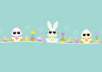 Karte Weißer Osterhase & 2 Ostereier Maske Sonnenbrille Icons Türkis