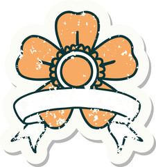 grunge sticker with banner of a flower