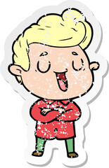 distressed sticker of a happy cartoon man