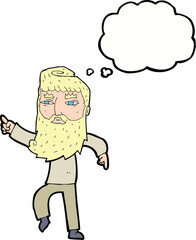 Fototapeta premium cartoon bearded man pointing the way with thought bubble