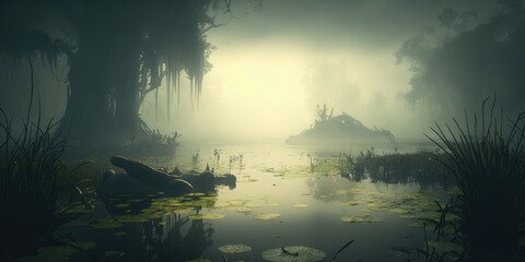 Swamp Mist Low Angle Photography Brings Surreal Fog Atmosphere. Generative ai illustration.
