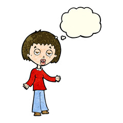 cartoon tired woman with thought bubble