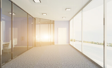 Elegant office interior. Mixed media. 3D rendering.. Sunset.
