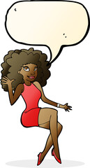 cartoon sitting woman waving with speech bubble