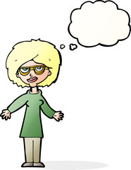 cartoon woman wearing glasses with thought bubble