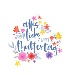 Lovely hand drawn floral wreath, doodle flowers and text in German 