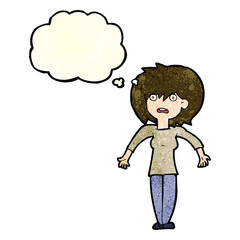 cartoon woman shrugging shoulders with thought bubble