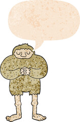 cartoon bigfoot and speech bubble in retro textured style