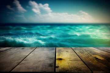 Fototapeta premium Seaside Showcase: Display Your Products on a Wooden Table with a Beautiful Beach Backdrop, Complete with Display Stand and Nature Concept. Generative AI