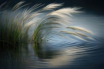 Coastal reeds in water on lake, calm quiet surface, nature background. Generative AI