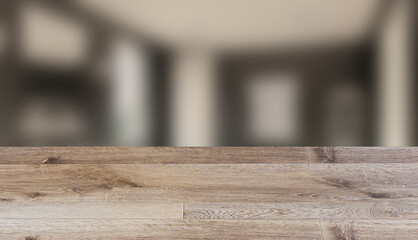 Clean and fresh bathroom with natural light. 3D rendering., Background with empty wooden table. Flooring.