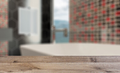 Spacious bathroom in gray tones with heated floors, freestanding. Background with empty wooden table. Flooring.