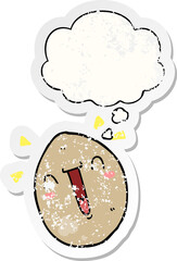 cartoon happy egg and thought bubble as a distressed worn sticker