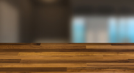 Modern office building interior. 3D rendering.. Blank paintings.  Mockup., Background with empty wooden table. Flooring.