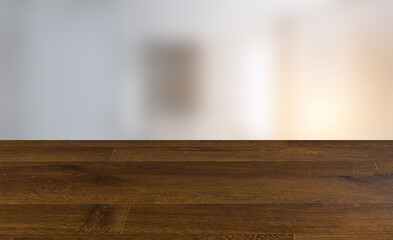 Clean and fresh bathroom with natural light. 3D rendering., Background with empty wooden table. Flooring.