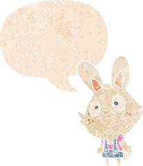cartoon rabbit shrugging shoulders and speech bubble in retro textured style