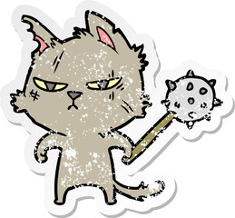 distressed sticker of a tough cartoon cat with mace