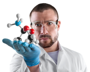 Scientist man with a molecule model in hands
