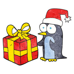 texture cartoon christmas penguin with present