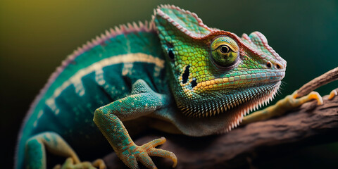 Obraz premium Green chameleon with textured skin close-up, blurred tropical background. Multi-colored skin of a chameleon in nature. Generative AI.