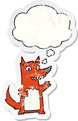 cartoon wolf and thought bubble as a distressed worn sticker