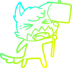 cold gradient line drawing angry cartoon fox with sign