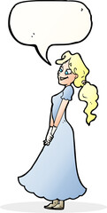 cartoon pretty woman in dress with speech bubble