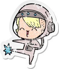 distressed sticker of a happy cartoon space girl kicking