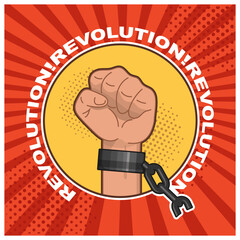 A clenched fist with torn shackles against the backdrop of divergent sunbeams. Round emblem of struggle and resistance with inscriptions in a circle - Revolution. Vector illustration