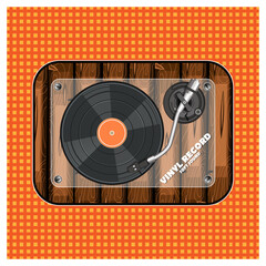 A turntable in a wooden designer case on a table with a checkered tablecloth. Vector illustration