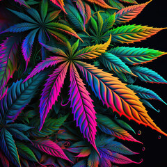 Leaves of the marijuana plant illustrated with vibrant colors. Generative AI.